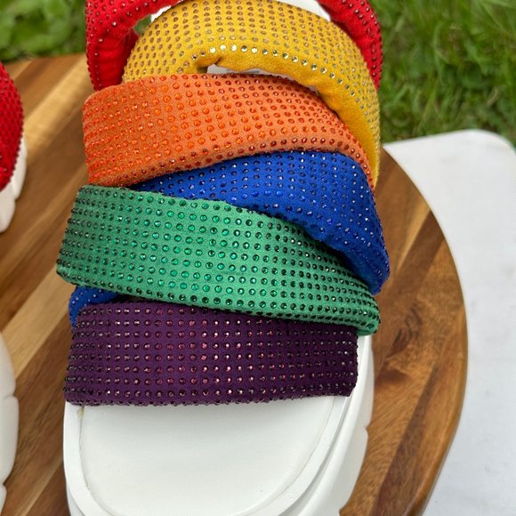 Cape Robbin Multi- Color Spandex Mid Block Heels Rhinestone Trim Sandals - Picture 6 of 10